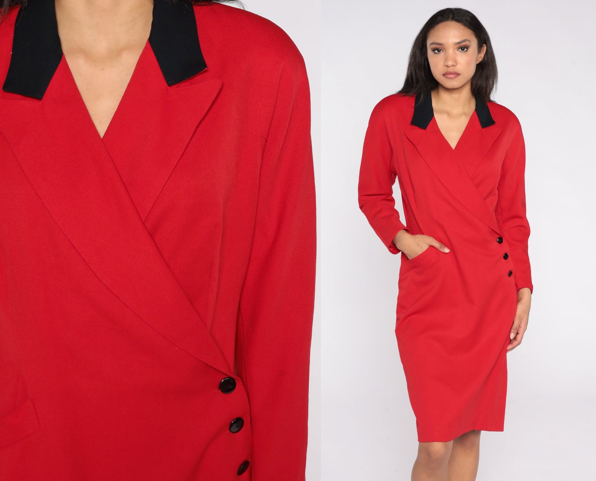 80s Red Wool Wrap Dress High Waist V Neck Midi Long Sleeve Medium 8