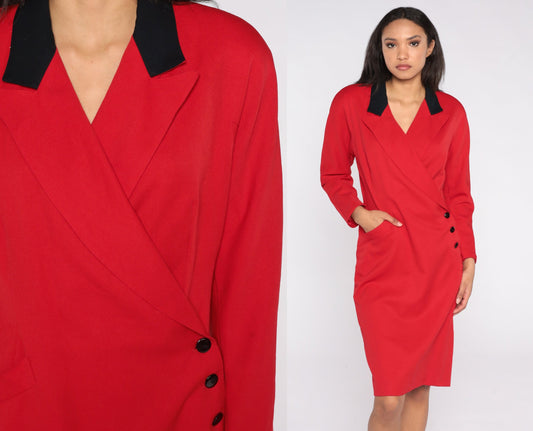 80s Red Wool Wrap Dress High Waist V Neck Midi Long Sleeve Medium 8