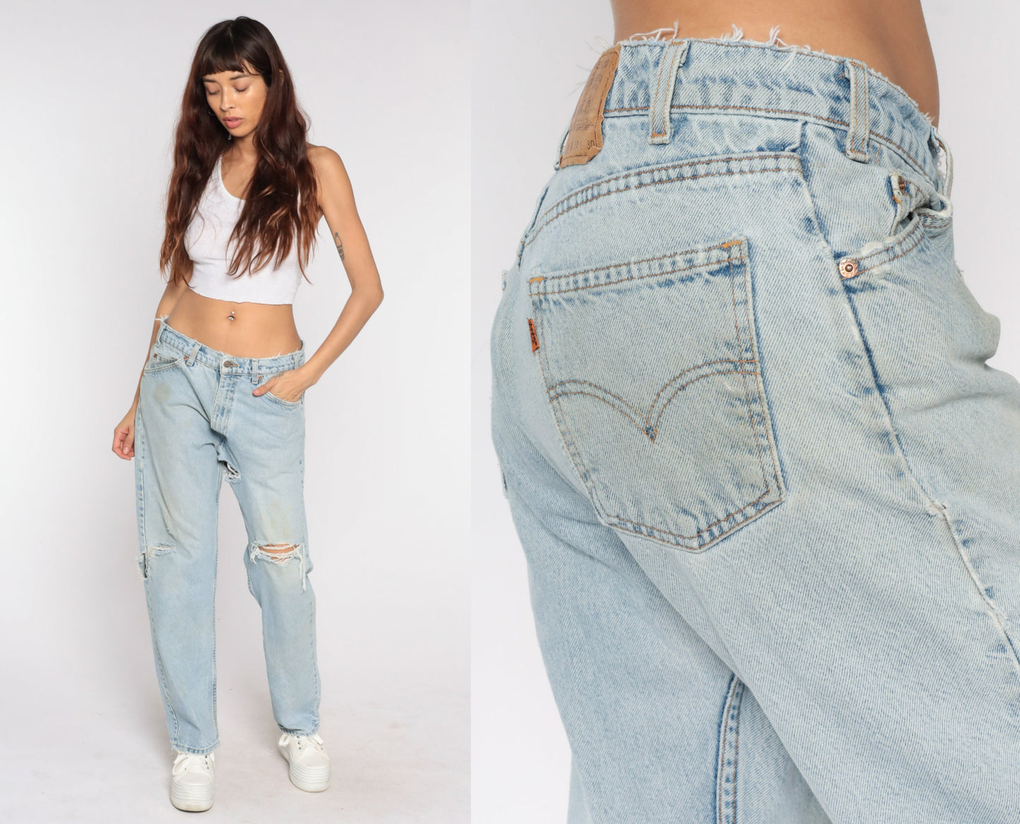 Levi's 505 High-Waist Mom Jeans Light Blue Distressed Ripped Denim Medium
