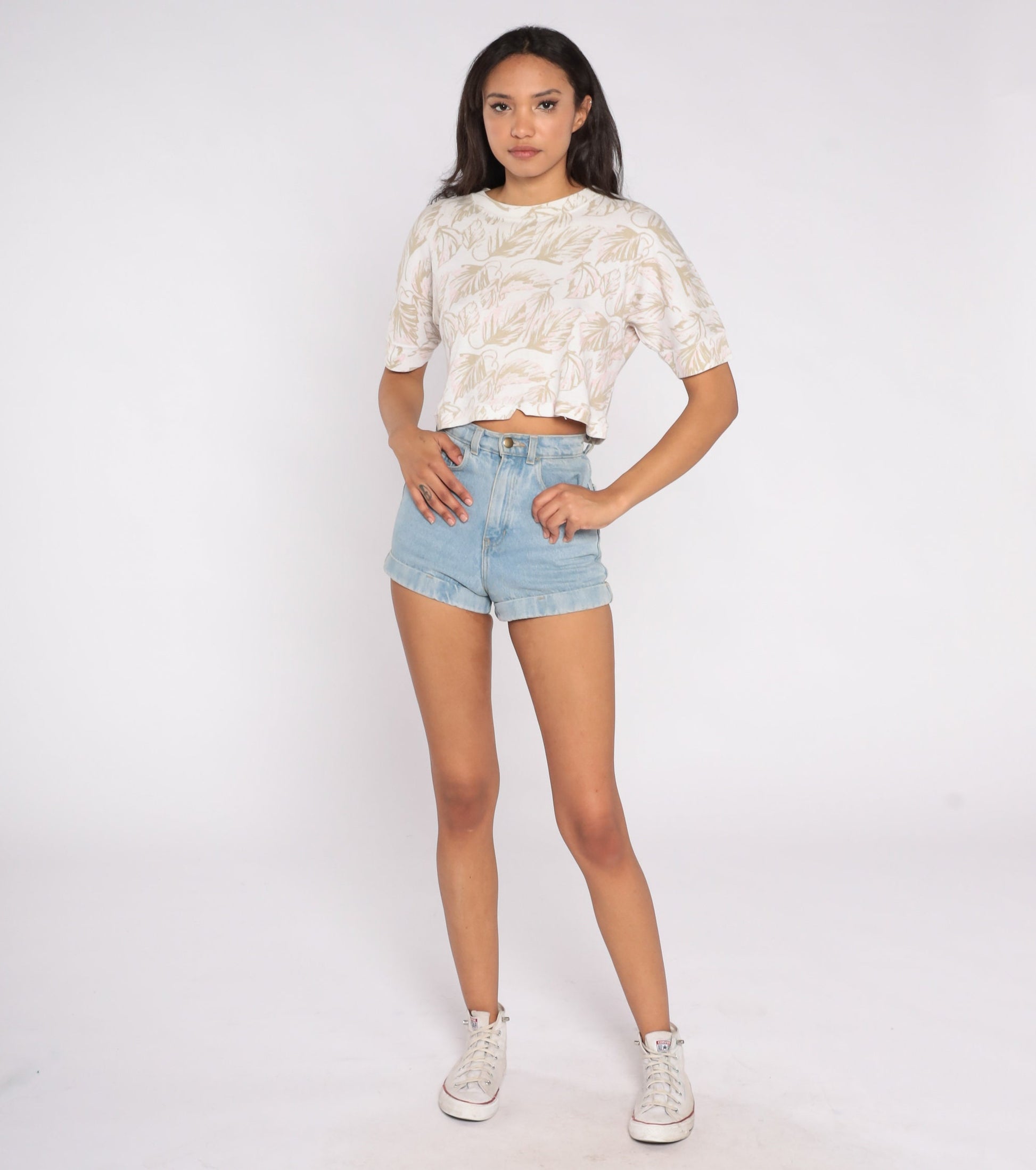 90s Leaf Print Crop Top White Cotton T-Shirt Small S
