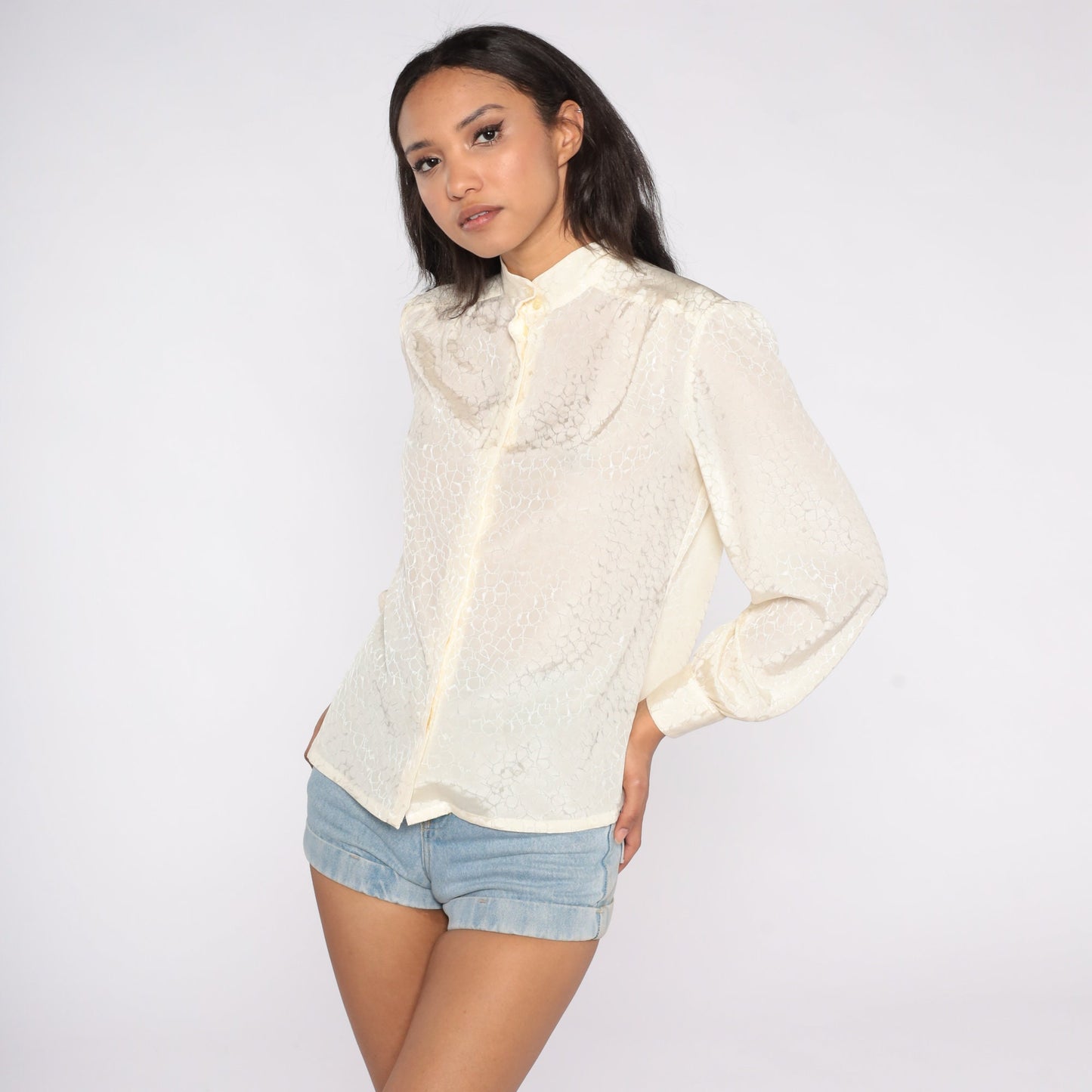 90s Pendleton Cream Button-Up Blouse Mandarin Collar Long Sleeve Medium