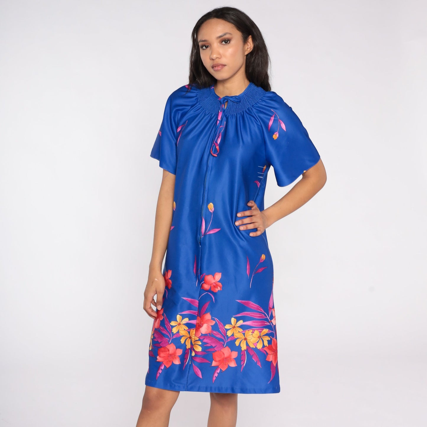 70s Blue Floral Midi Shift Dress Front Zip Lounge Wear Medium