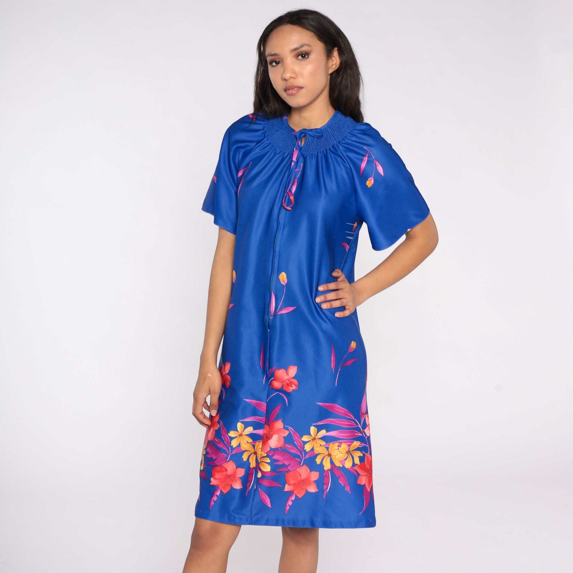 70s Blue Floral Midi Shift Dress Front Zip Lounge Wear Medium