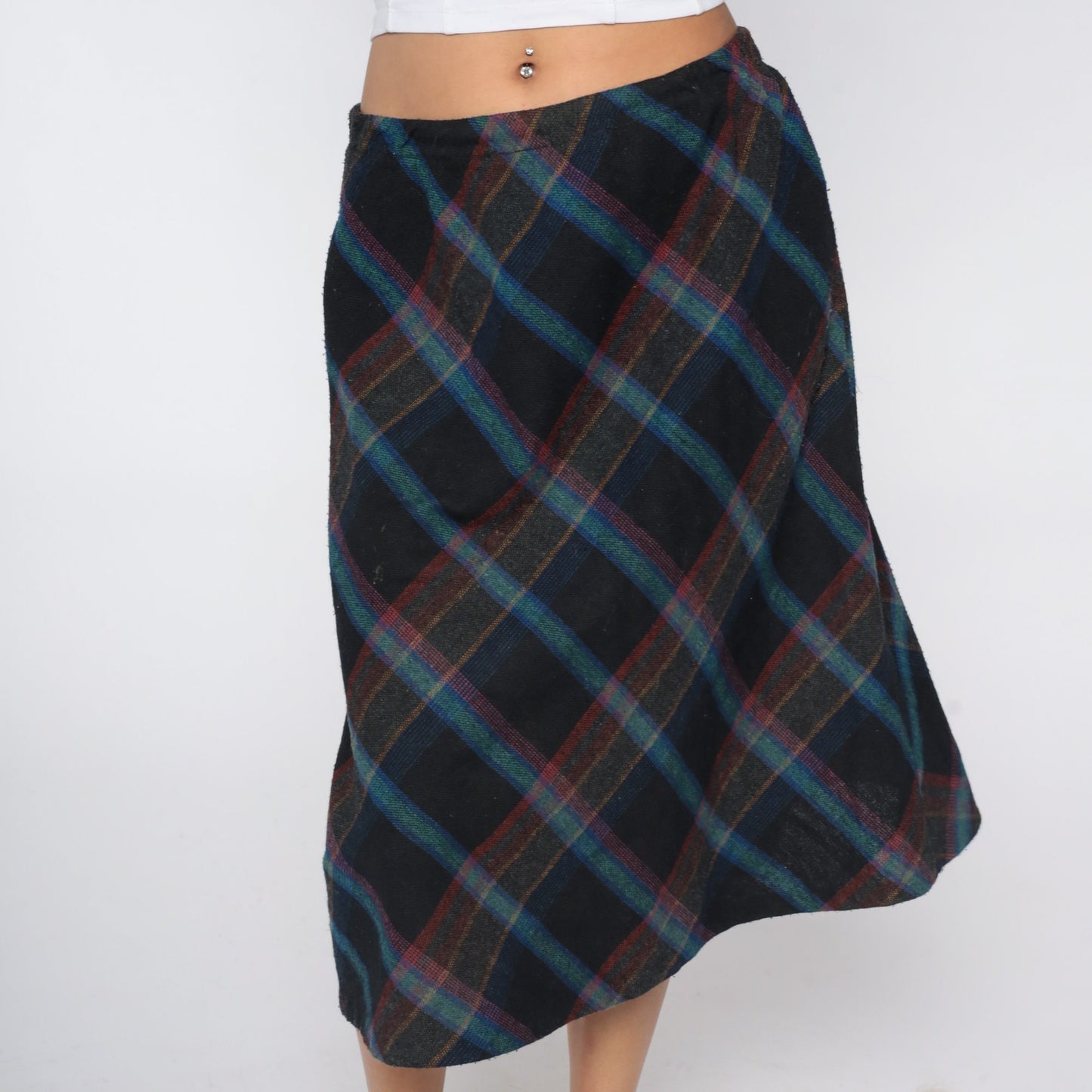 70s Wool Plaid Midi Skirt High Waist Tartan Black Blue Medium Large