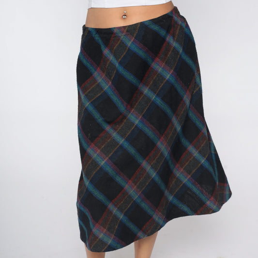 70s Wool Plaid Midi Skirt High Waist Tartan Black Blue Medium Large