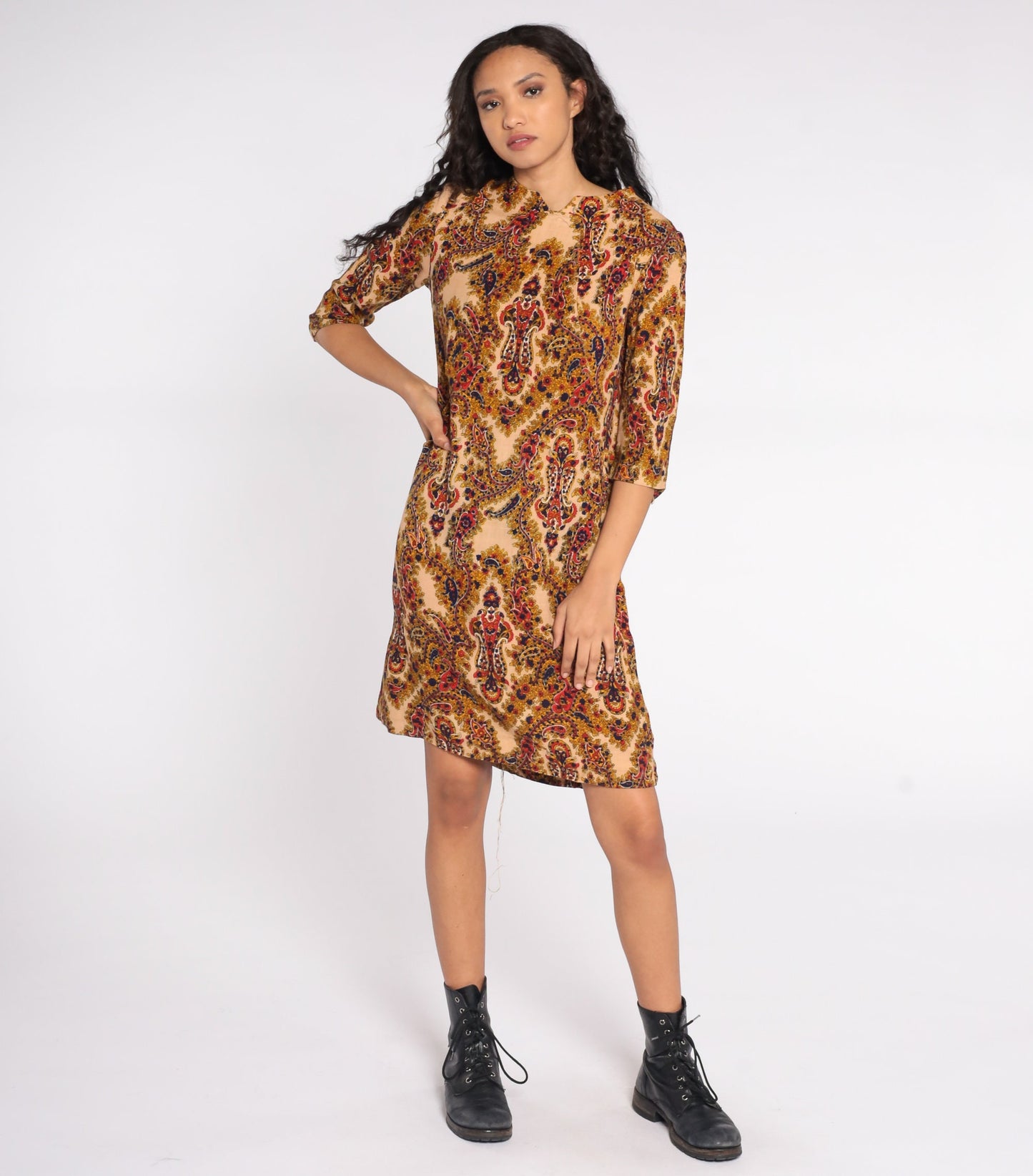 70s Paisley Floral Shift Dress Tan V-Neck Medium M