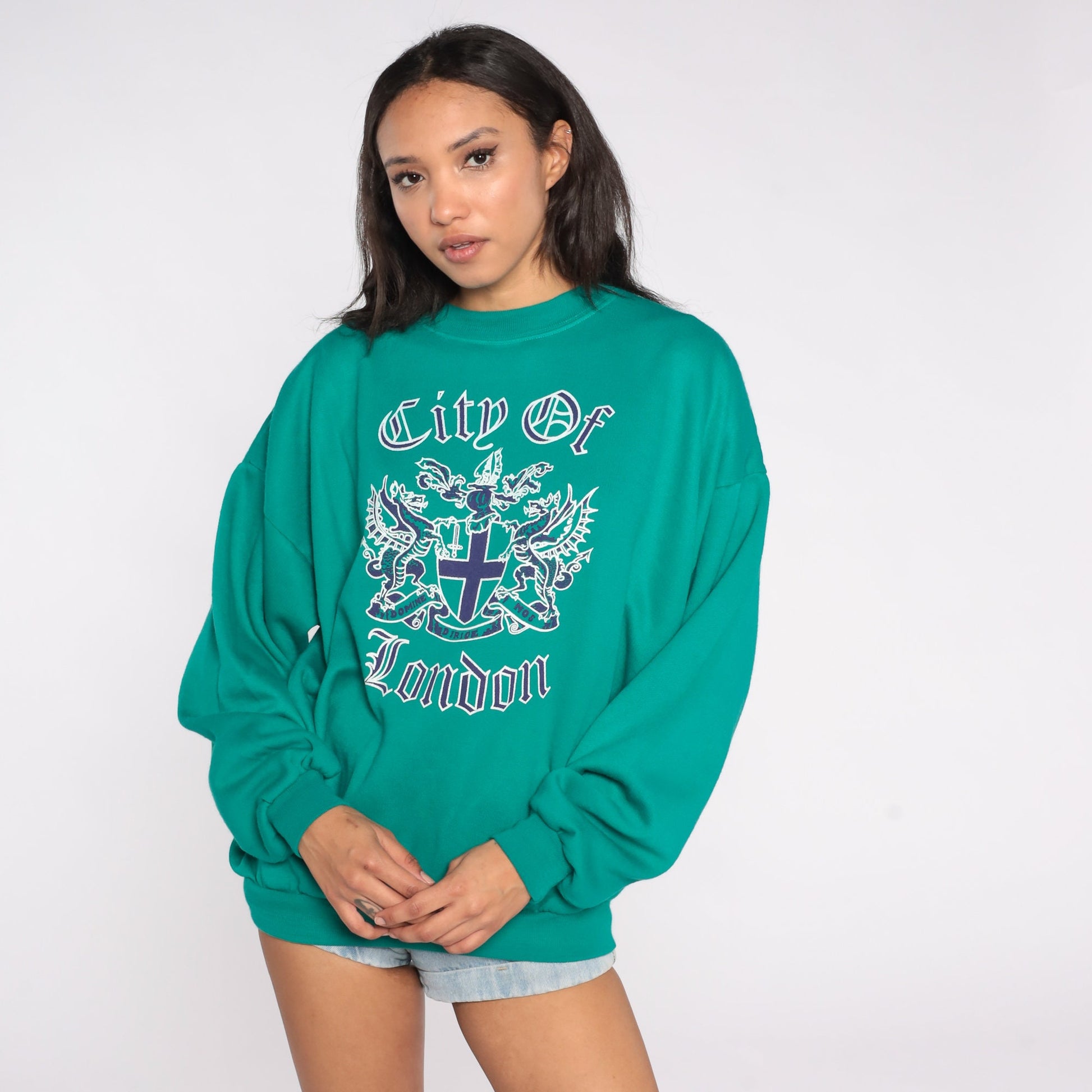 90s City of London Crest Sweatshirt Green Graphic Pullover Extra Large XL