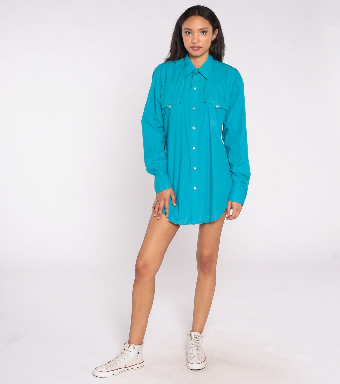 70s Turquoise Western Shirt Pearl Snap Dagger Collar Long Sleeve Men's Large