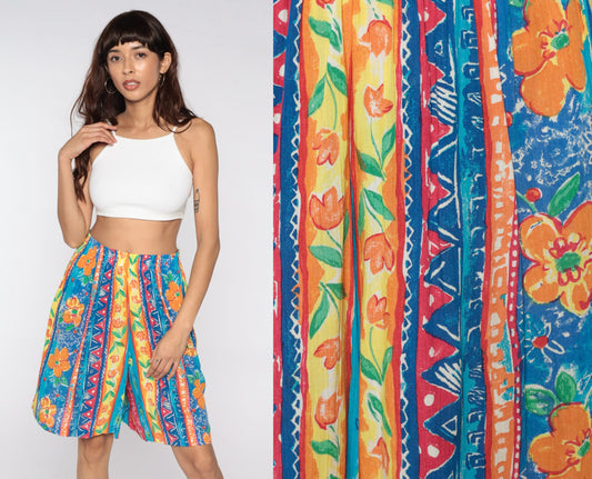 80s Floral High-Waist Shorts Tropical Print Elastic Waist Large L