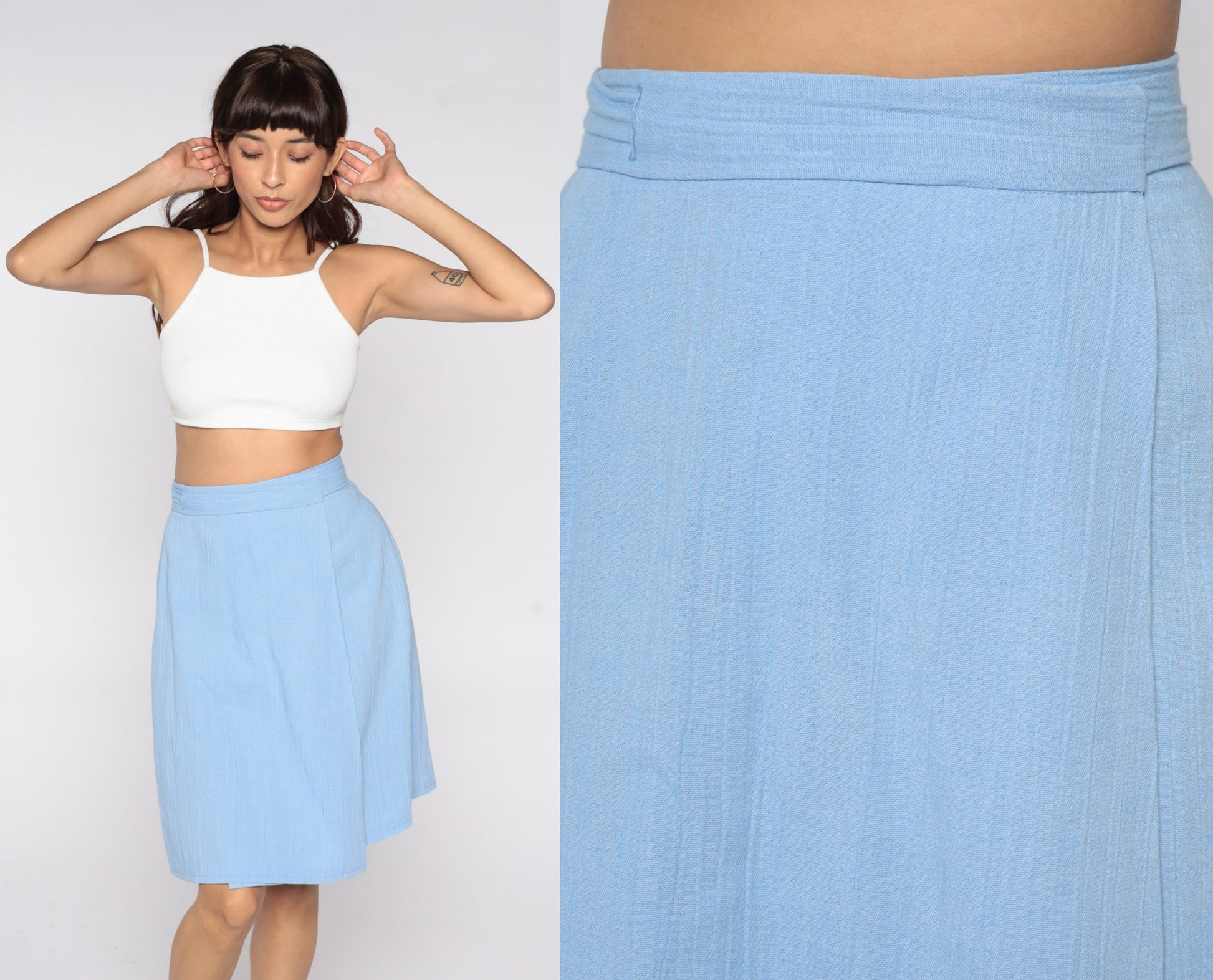 70s Powder Blue Wrap Skirt High Waisted Mini Cotton Blend Small