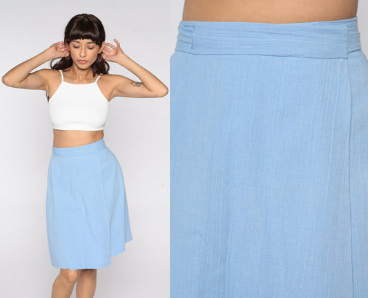 70s Powder Blue Wrap Skirt High Waisted Mini Cotton Blend Small