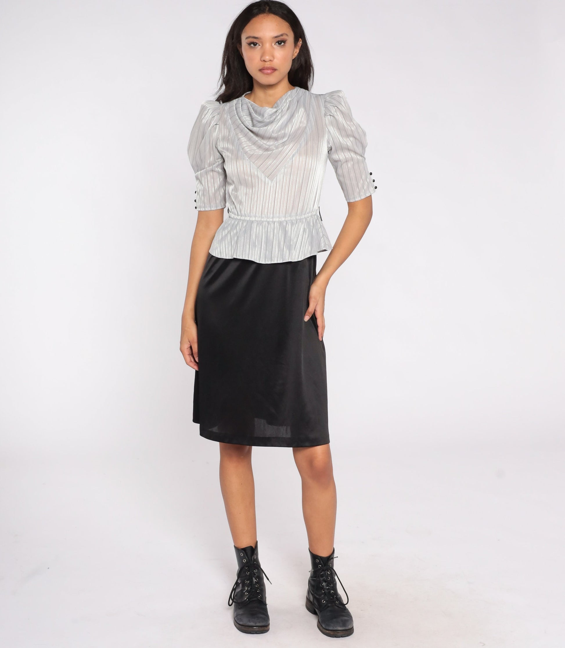 80s Peplum Dress Puff Sleeve Cowl Neck Silver Grey Midi Small