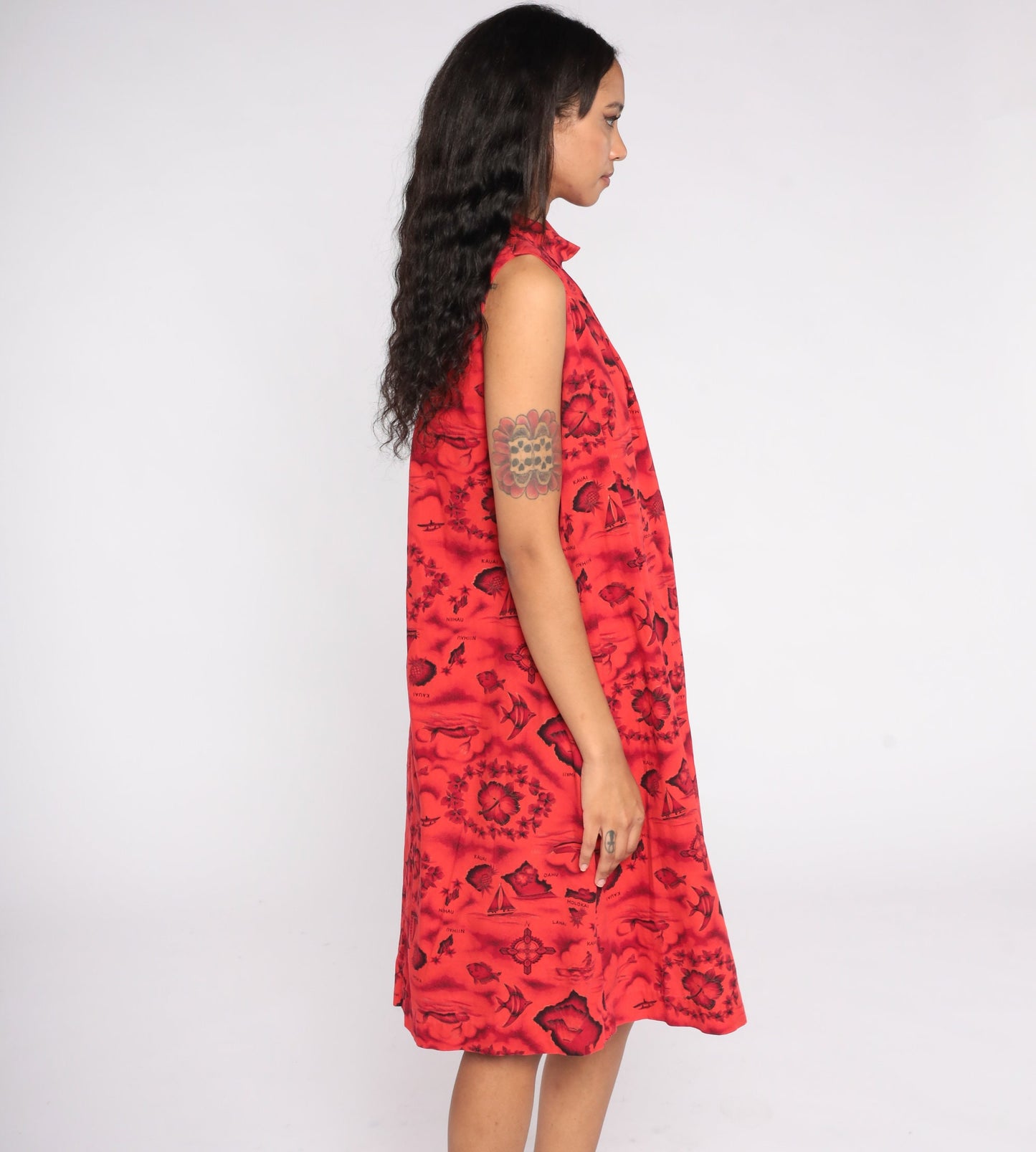 70s Hawaiian Tropical Print Shift Dress Red Floral Island Cotton Large L