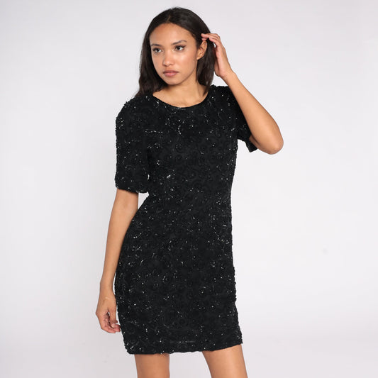 80s Black Silk Sequin Mini Dress Short Sleeve Zipper Back Small S