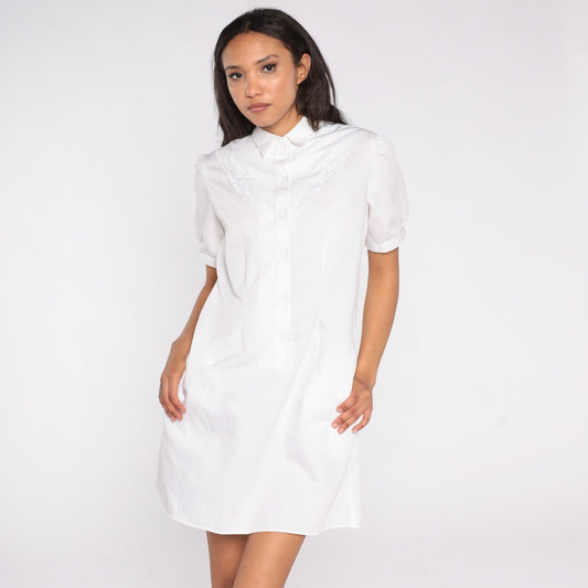 80s White Mini Dress Puff Sleeve Collar Floral Embroidered Button-Up Medium M
