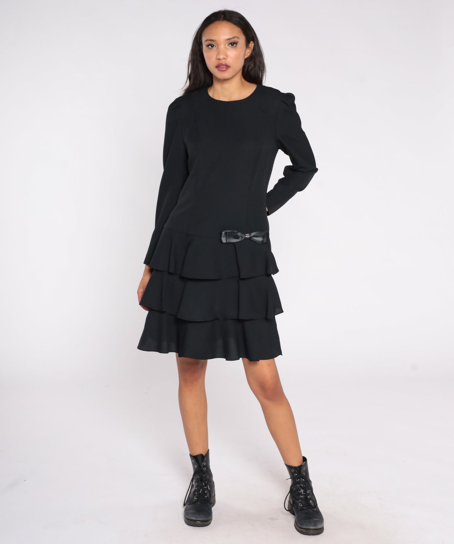 80s Black Drop Waist Dress Ruffled Skirt Puff Sleeve Bow Medium