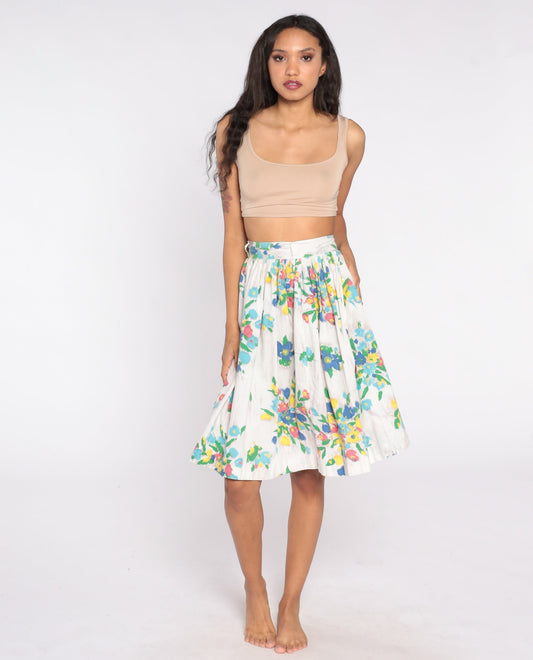 60s Floral Mini Skirt Pleated High Waist White Watercolor Cotton XS