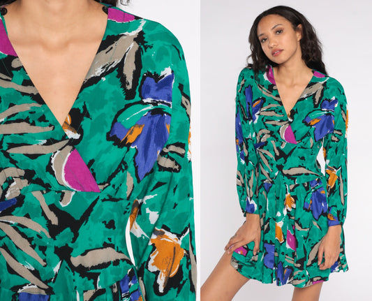 80s Floral Wrap Dress Mini V-Neck High Waisted Long Sleeve Green Pink Purple Medium