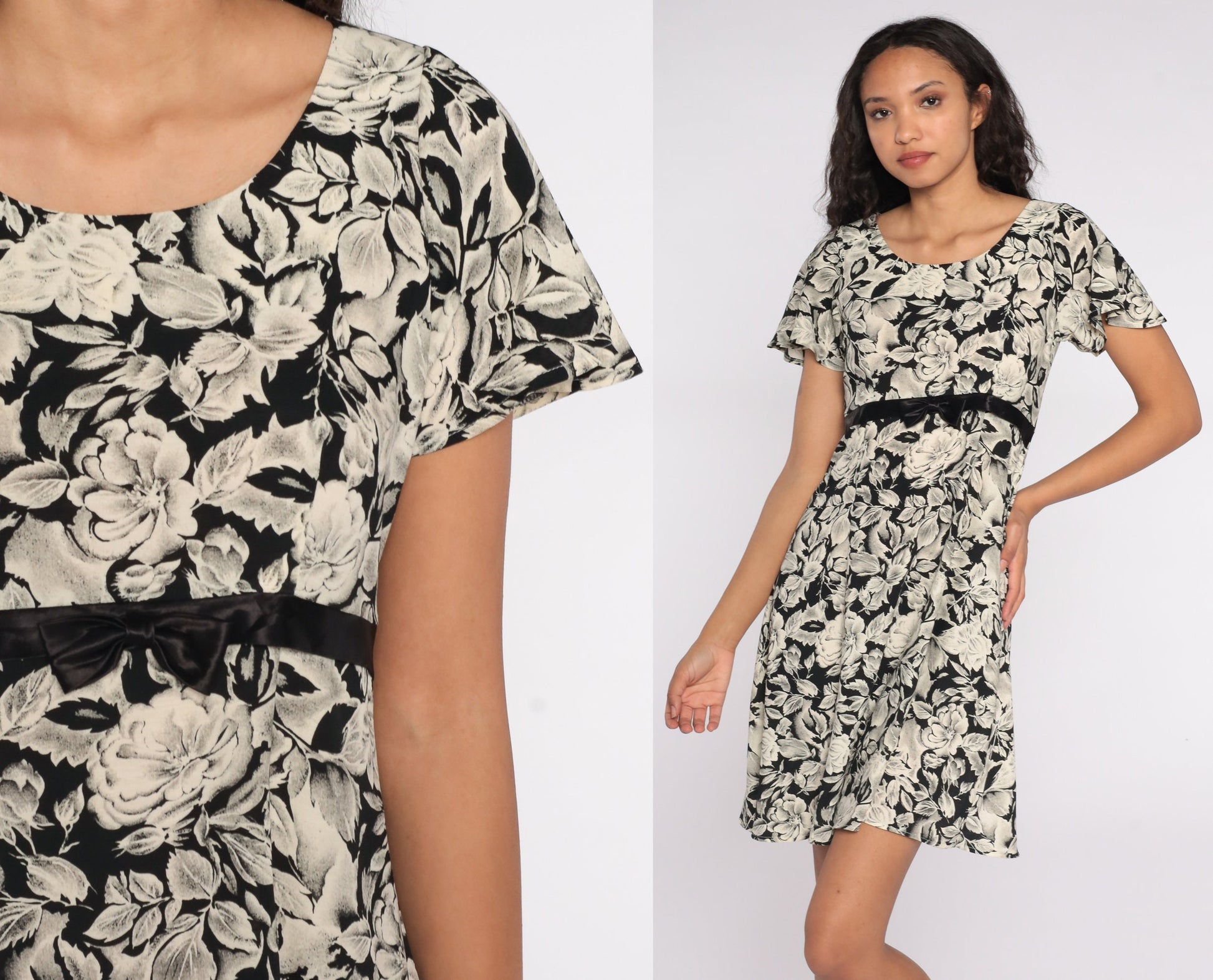 90s Floral Mini Dress Flutter Sleeve Black Off-White Empire Waist Small