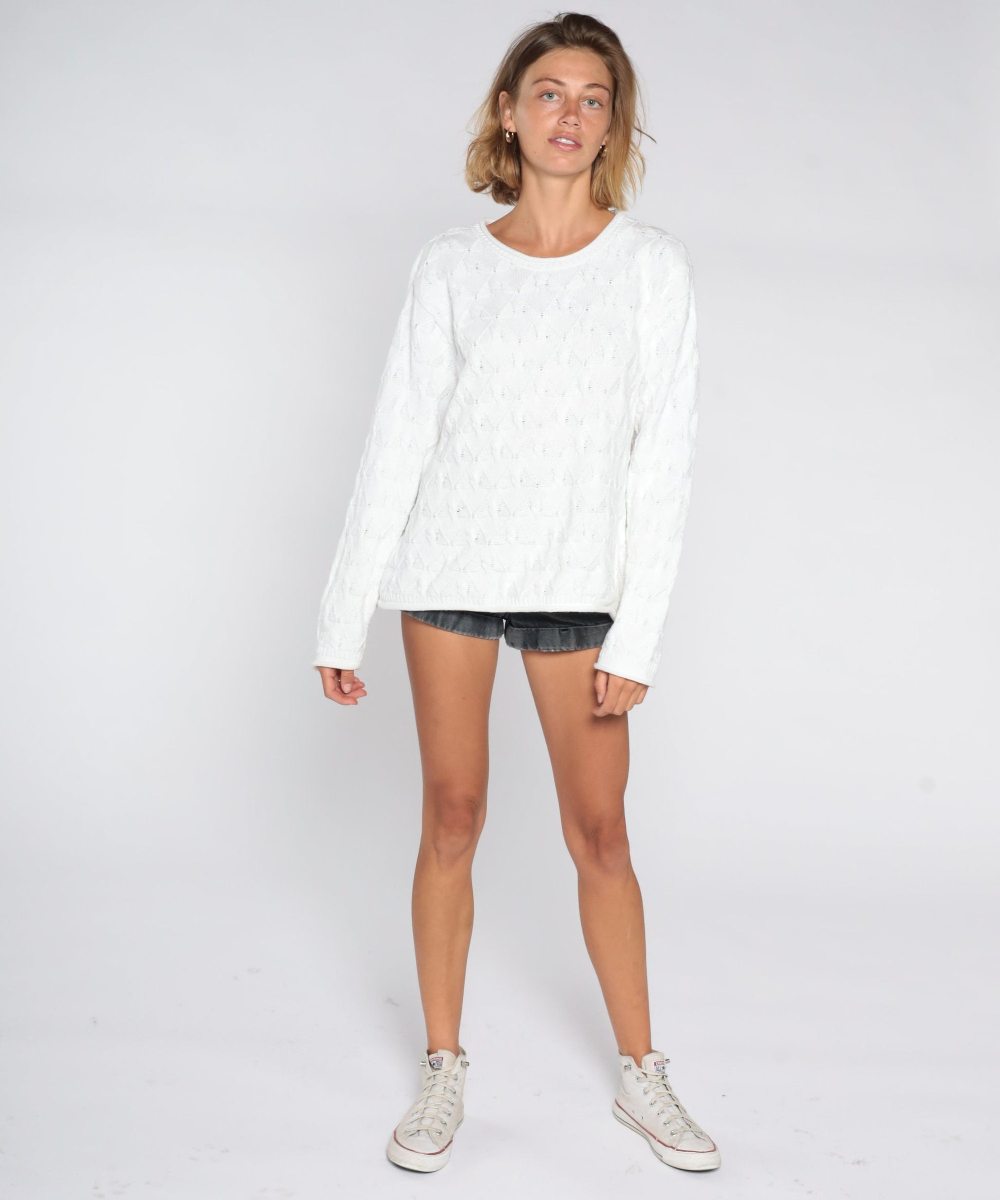 90s White Textured Knit Sweater Diamond Brocade Pullover Large L