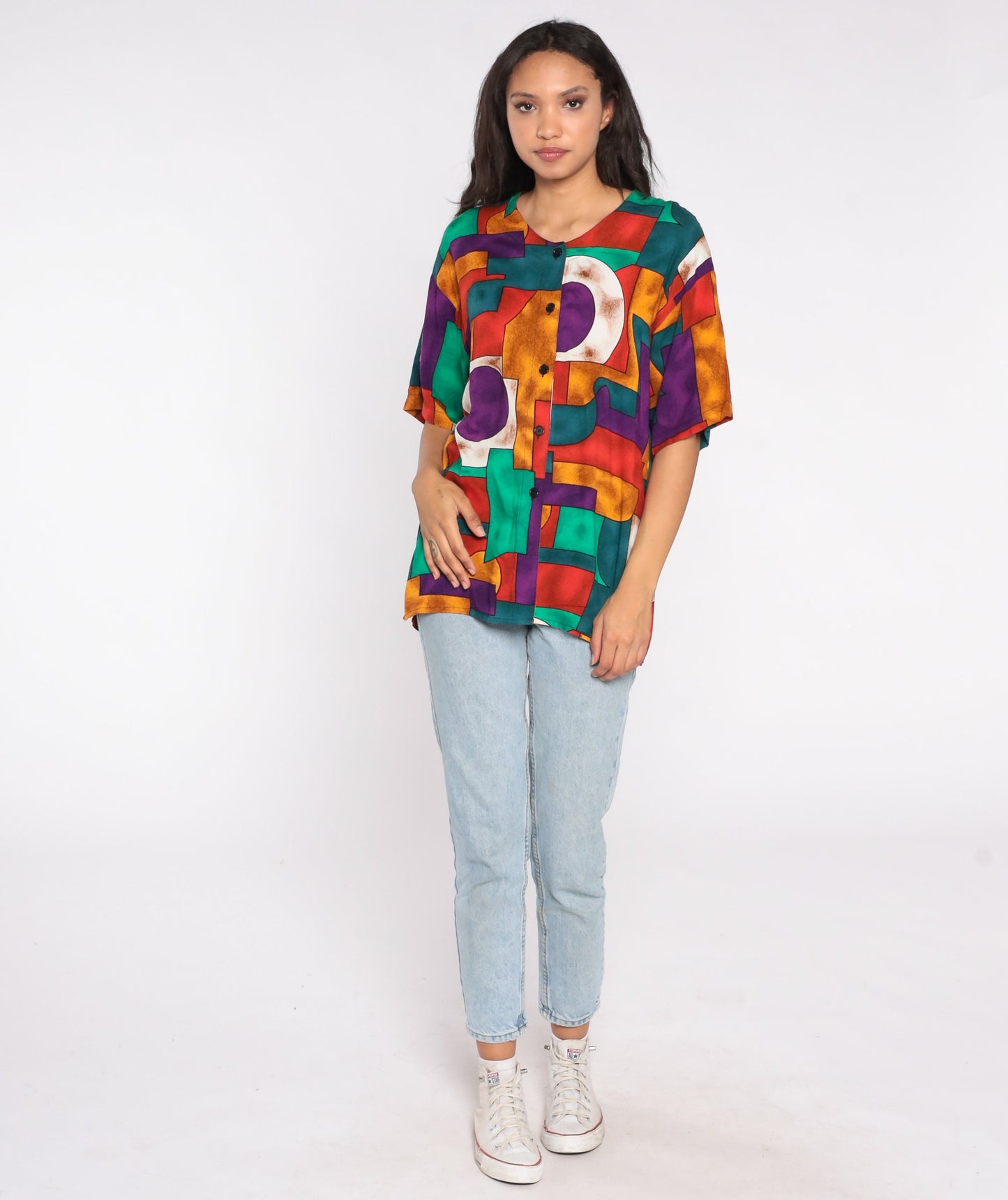 90s Geometric Print Button-Up Blouse Short Sleeve Shirt Medium M