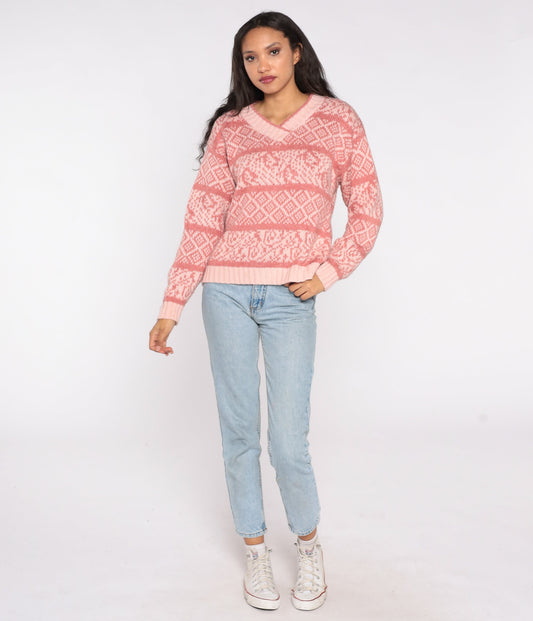 80s Pink Geometric Striped V-Neck Pullover Sweater Large