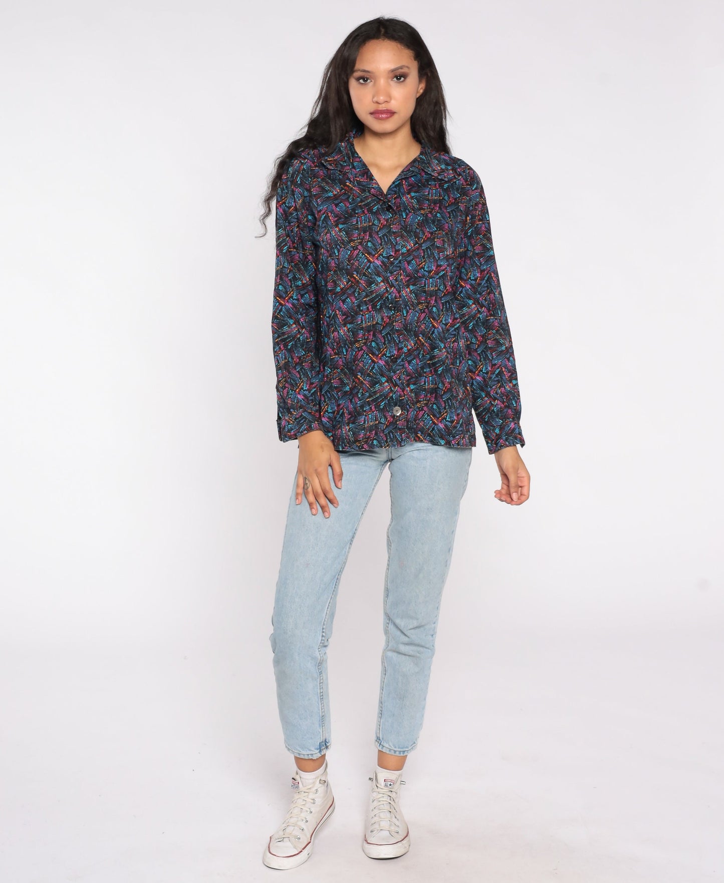 90s Abstract Brushstroke Button-Up Blouse Blue Pink Long Sleeve Medium Large