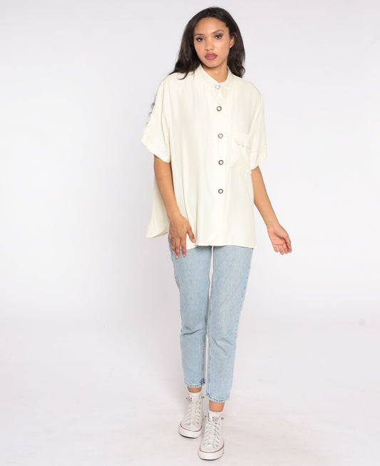 80s Cream Lace Collar Button-Up Blouse Short Sleeve Vintage Shirt XXL