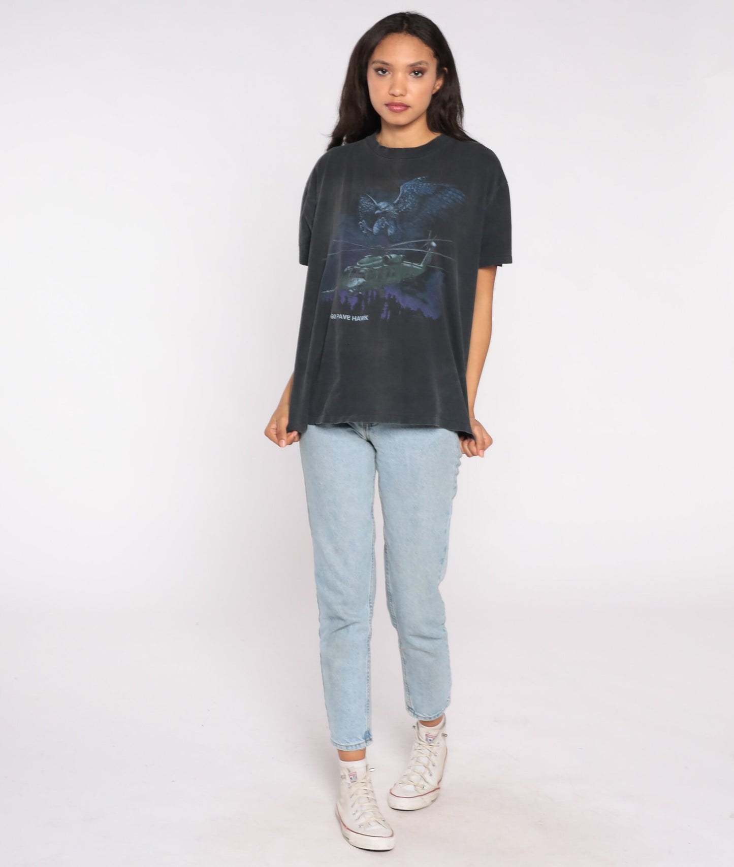 90s MH-60 Pave Hawk Helicopter Air Force Graphic Tee Black Cotton Large L