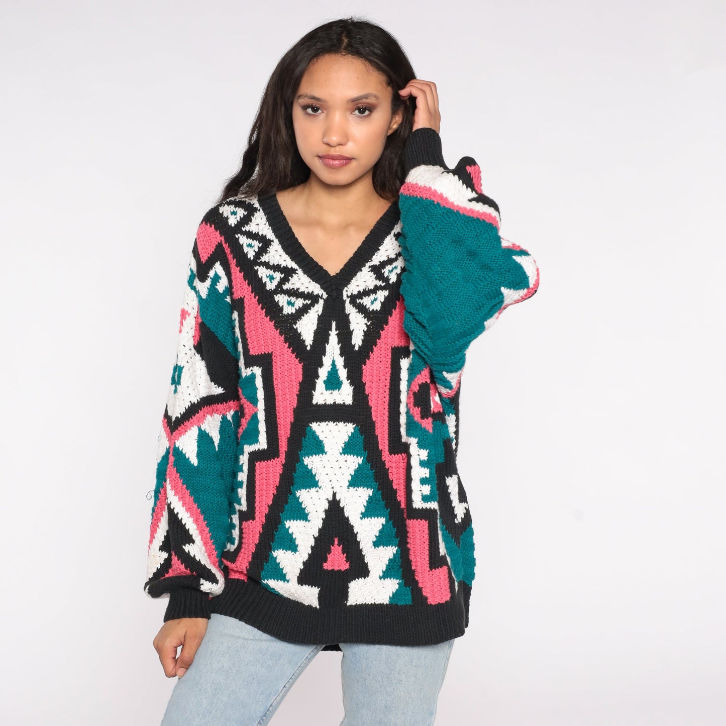 80s Geometric Knit Sweater V Neck Balloon Sleeve Pink Green Southwestern Medium