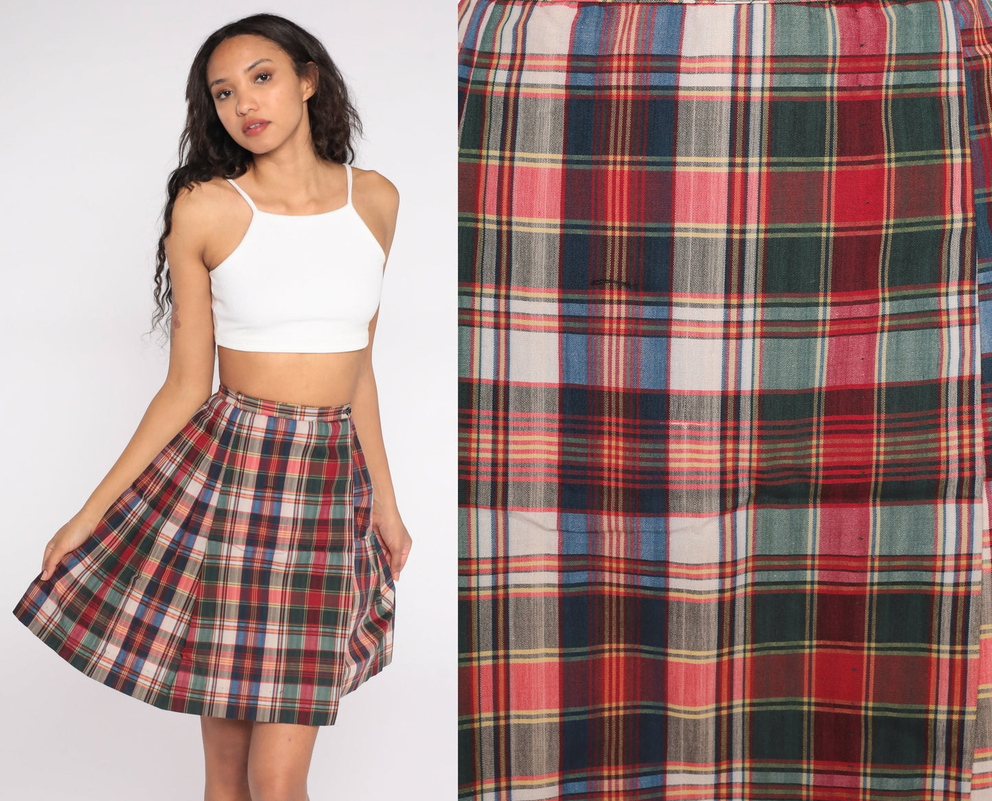 70s Plaid Pleated Mini Skirt High Waist Multicolor Tartan Extra Small