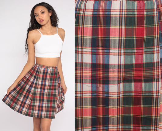 70s Plaid Pleated Mini Skirt High Waist Multicolor Tartan Extra Small