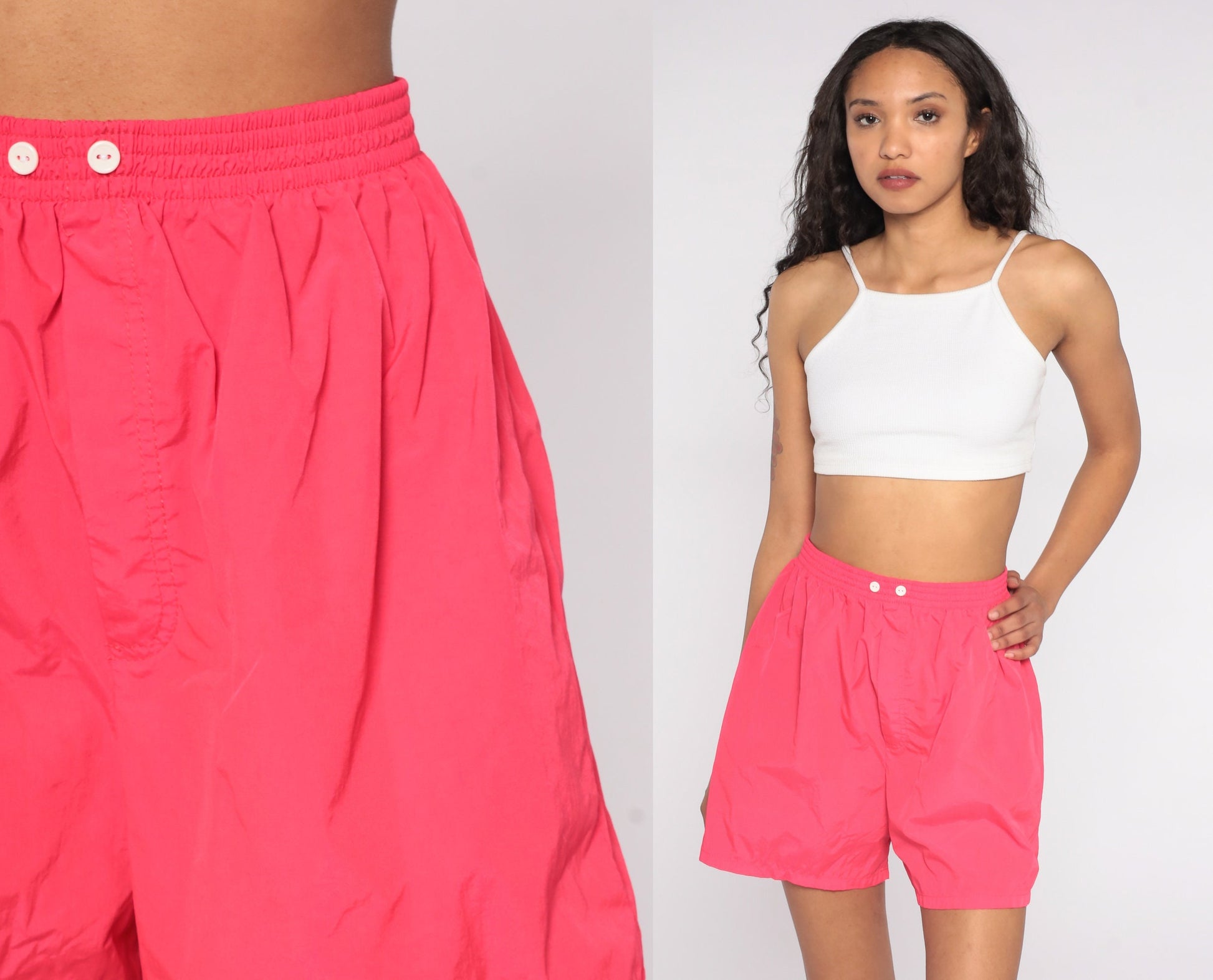 80s Hot Pink Nylon Shorts High Waist Baggy Beach Small S