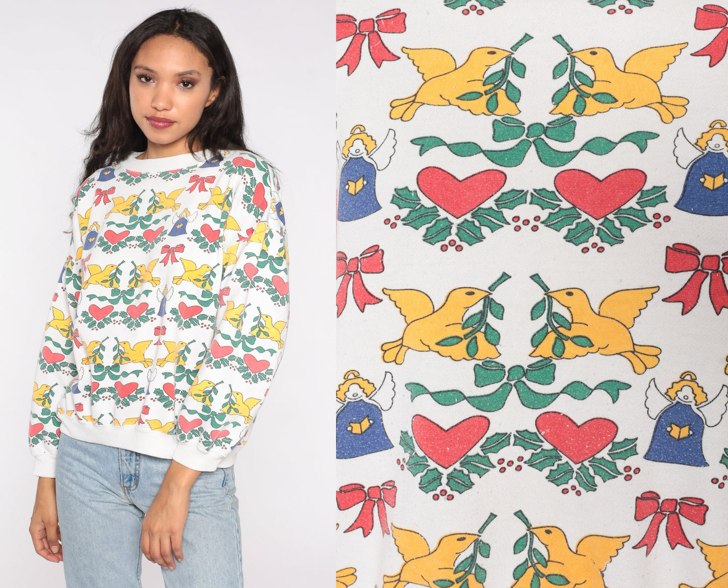 90s Christmas Angel Dove Heart Print Sweatshirt Graphic Pullover Large L