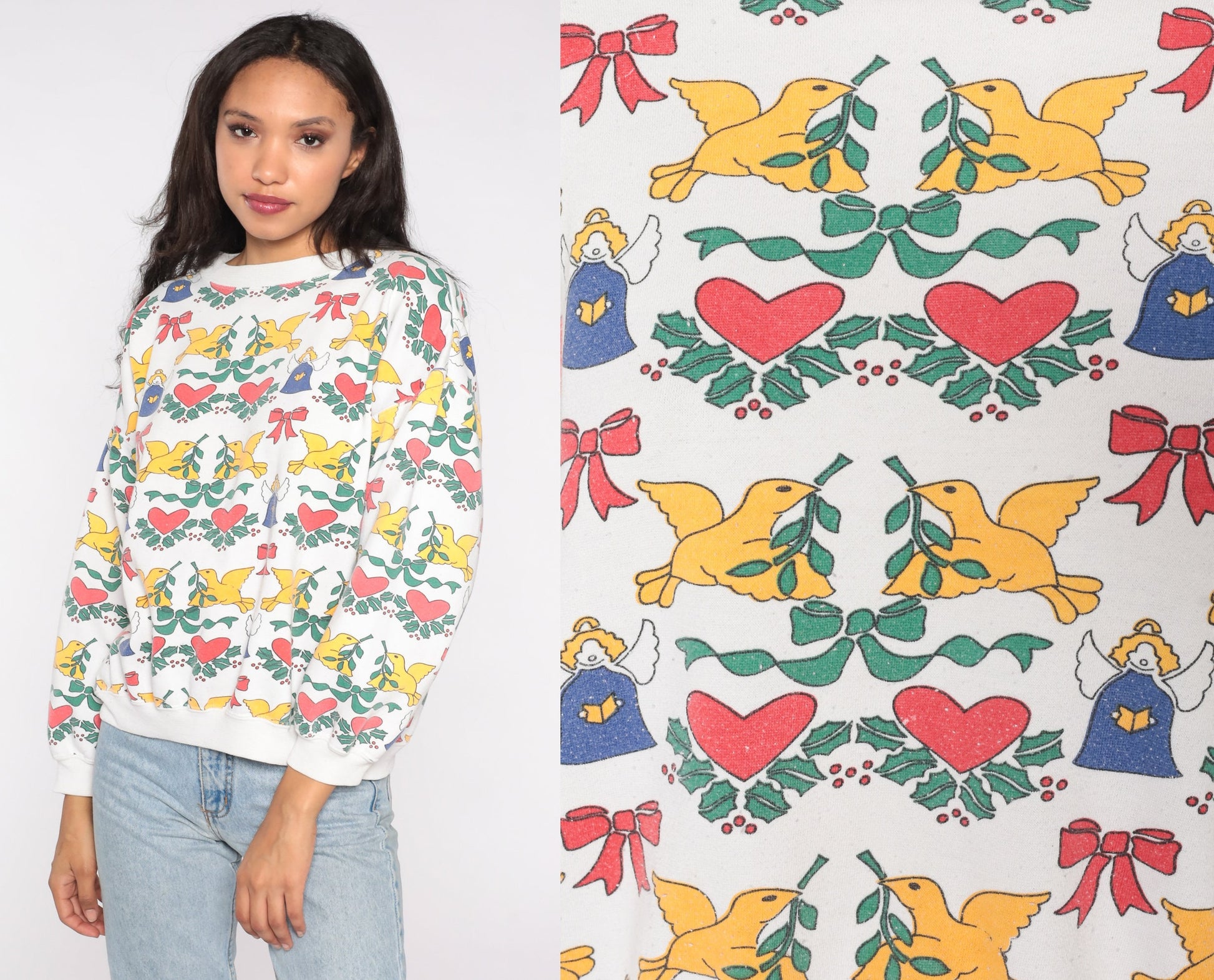 90s Christmas Angel Dove Heart Print Sweatshirt Graphic Pullover Large L