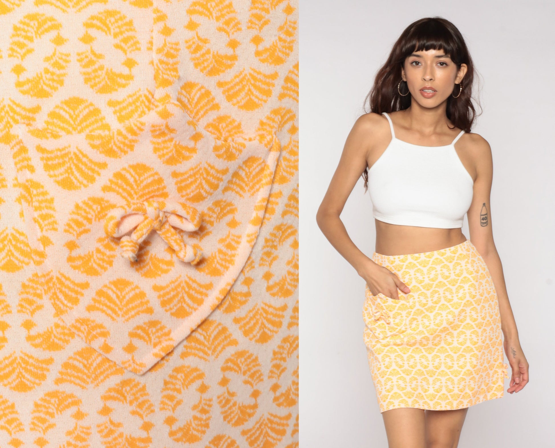 1970s Orange Geometric Mini Skirt High Waisted Small S