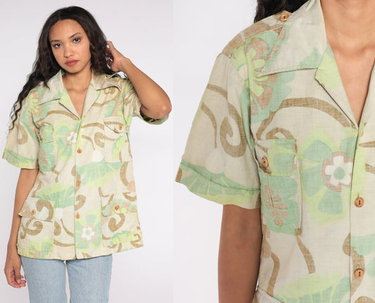 70s Surfline Original Floral Button Up Shirt Cotton Medium