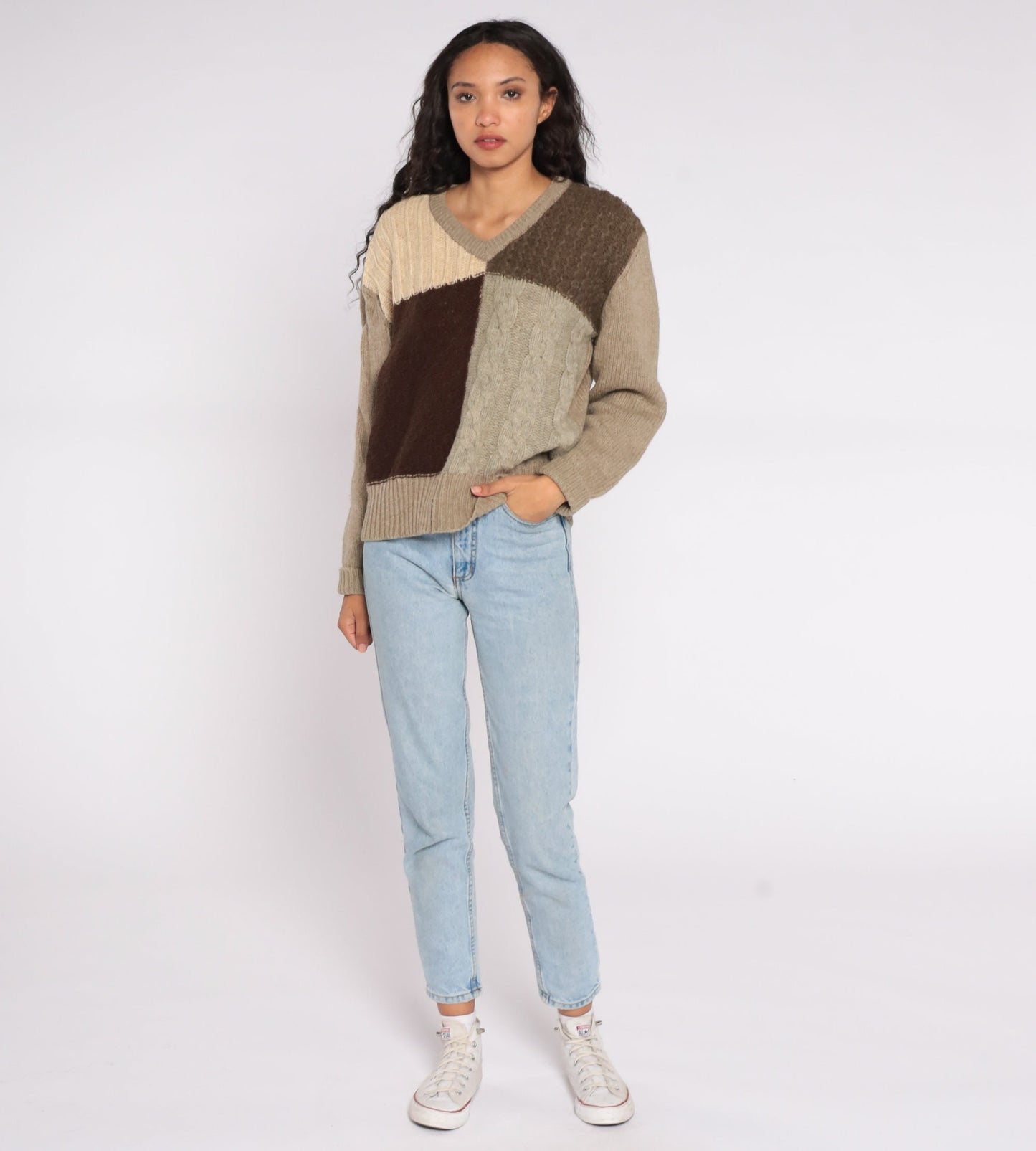 1970s Wool Cable Knit Sweater V-Neck Colour Block Taupe Brown Large