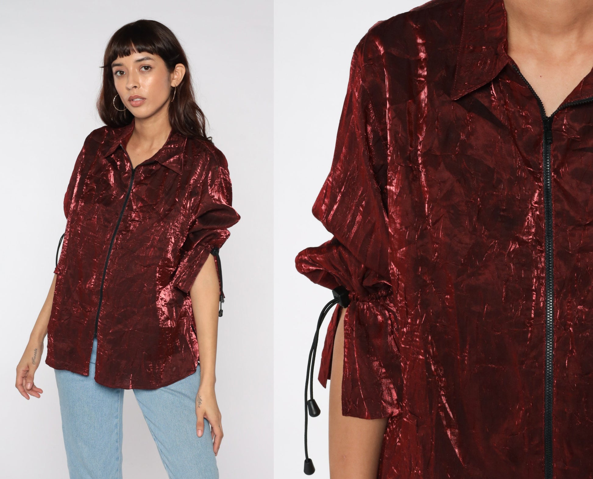 90s Shiny Red Iridescent Zip-Up Jacket Drawstring Sleeves Medium