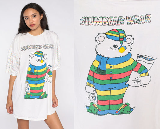80s Slumbear Wear Teddy Bear Pajama Dress Nightgown Cotton Graphic Small