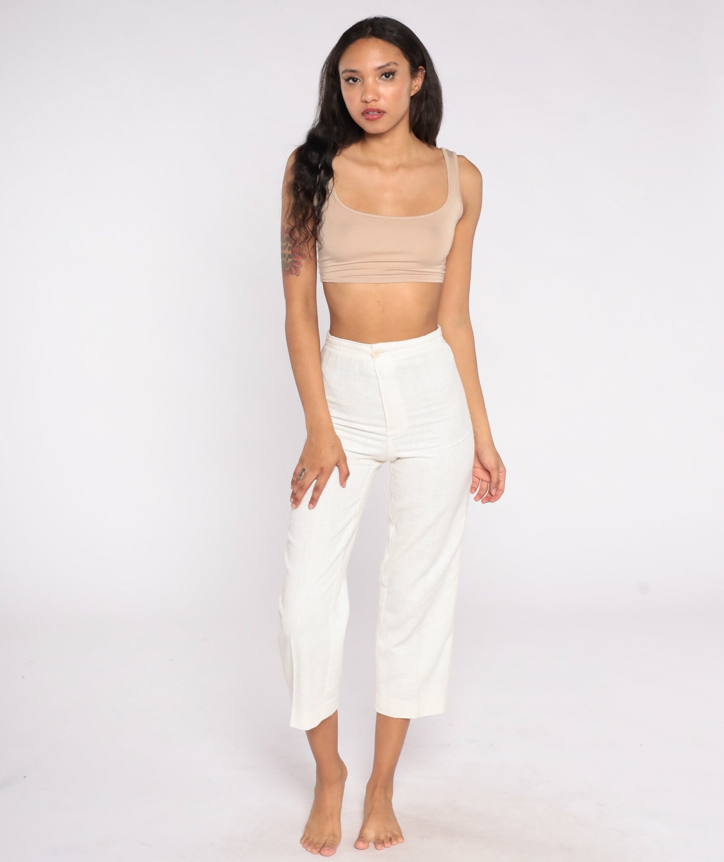 70s High-Waisted Straight Leg Linen Trousers Off-White Cropped Petite XXS