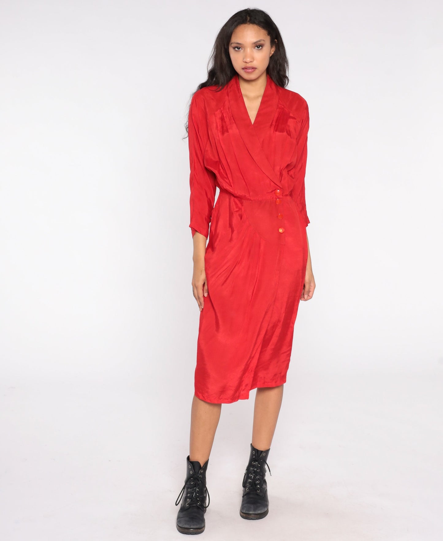 80s All That Jazz Red Wrap Midi Dress High Waist V Neck 3/4 Sleeve Medium