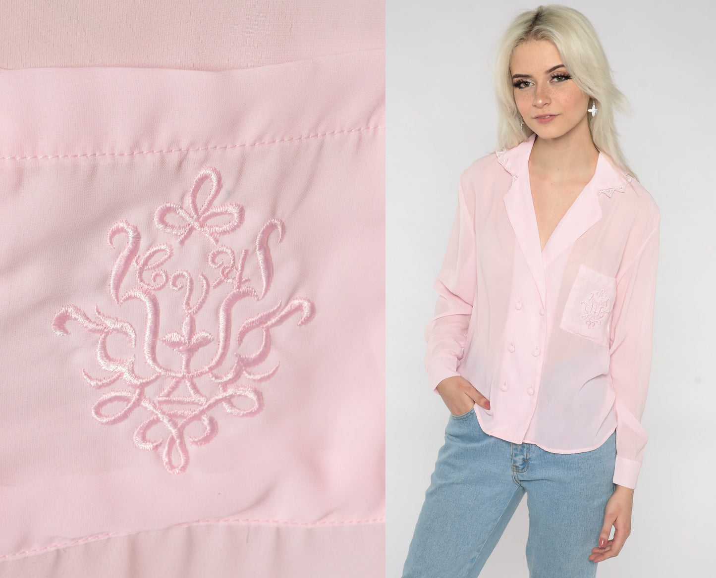 80s Baby Pink Semi-Sheer Button-Up Blouse Double Breasted Lace Trim Medium M