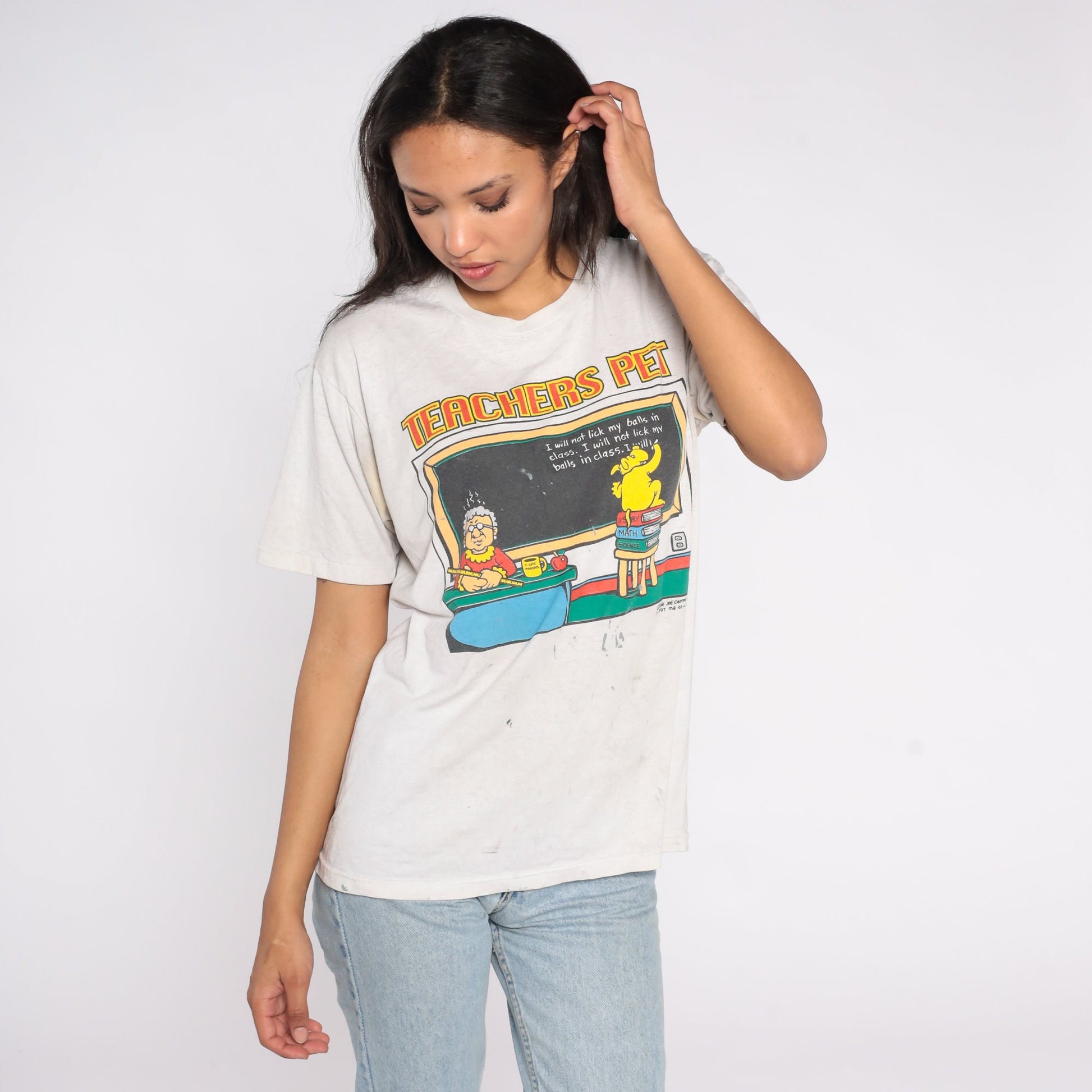 90s Teachers Pet Dog Joke Graphic T-Shirt Distressed Cotton Large L
