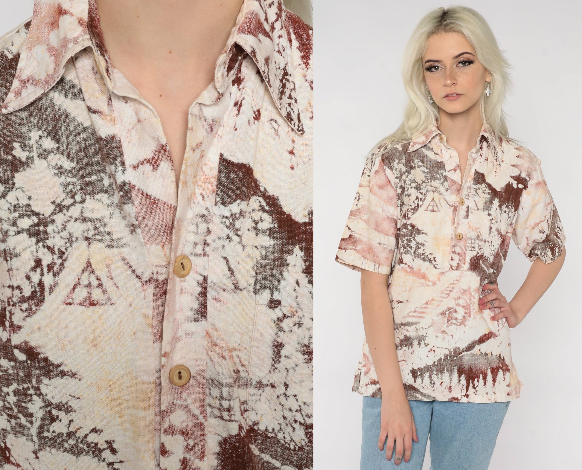 70s Pagoda Forest Bird Button Up Shirt Cream Red Brown Graphic Medium