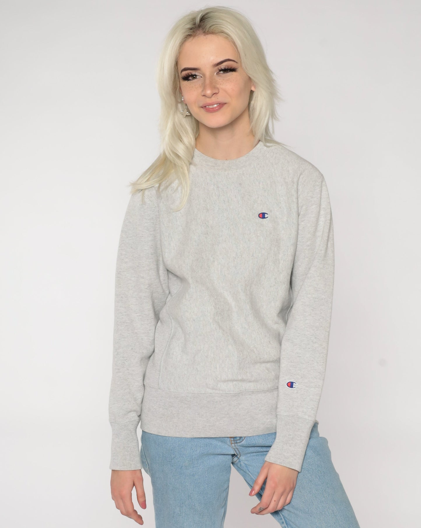 Y2K Champion Grey Crewneck Sweatshirt Plain Pullover Medium