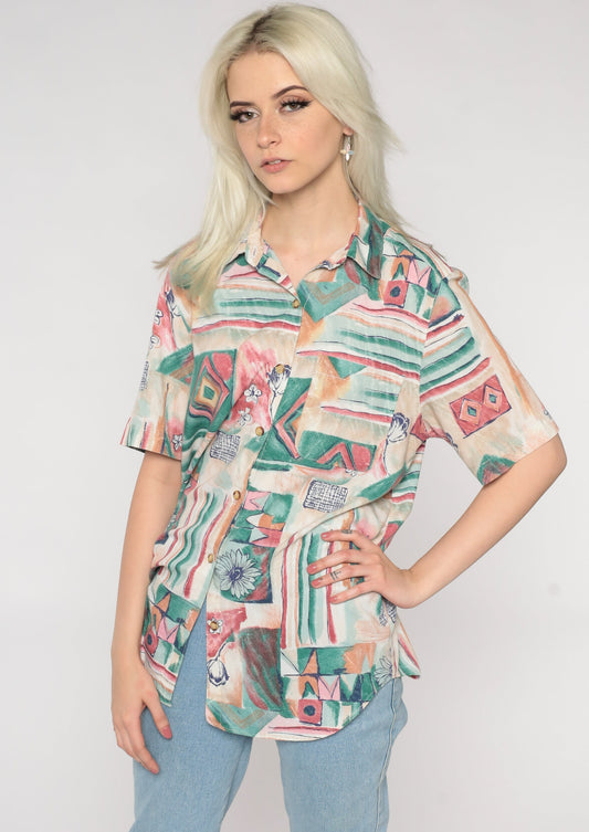 90s Geometric Floral Button-Up Blouse Red Green Abstract Print Medium
