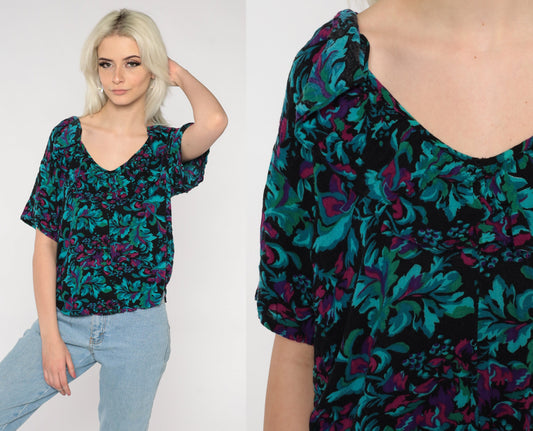 80s Floral Ruffle Blouse Black Green Flower Print Short Sleeve Large