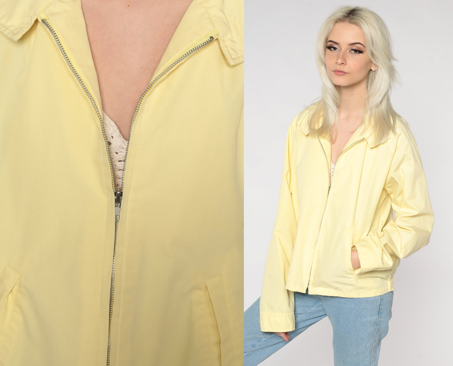 80s Yellow Windbreaker Jacket Collared Zip-Up Large L