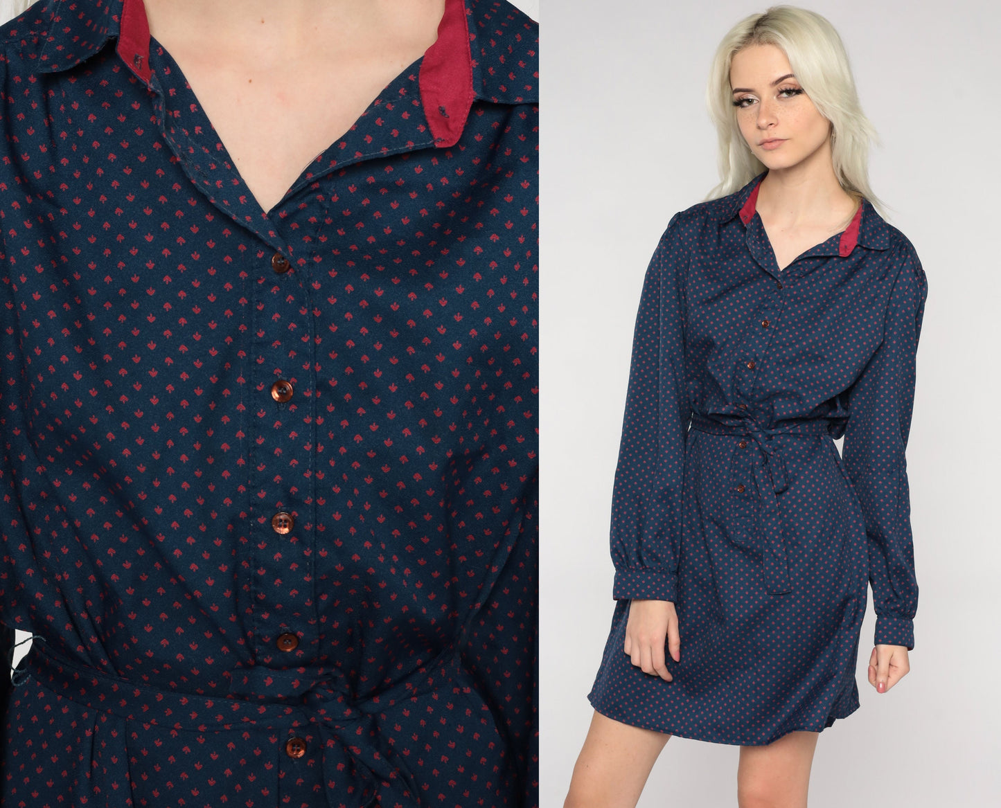 80s Navy Polka Dot Button-Up Mini Dress High Waist Tie Belt Long Sleeve Large L
